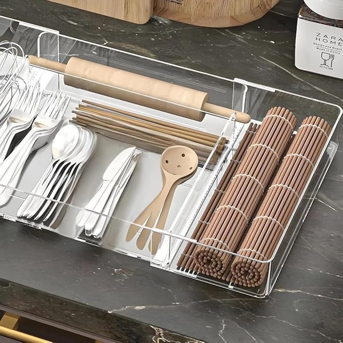 Expandable Adjustable Kitchen Drawer Organizer - Clear Multi-Purpose Tray for Silverware, Cutlery, Utensils, Stationery, Home Office Tools - Customizable Storage for Forks,Knives,Spoons,Pens