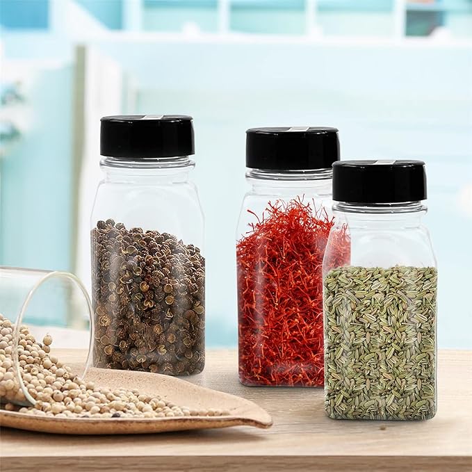 RoyalHouse 6 Pack 9.5 Oz Plastic Spice Jars with Black Cap, Clear and Safe Plastic Bottle Containers with Shaker Lids for Storing Spice, Herbs and Seasoning Powders, BPA Free, Made in USA