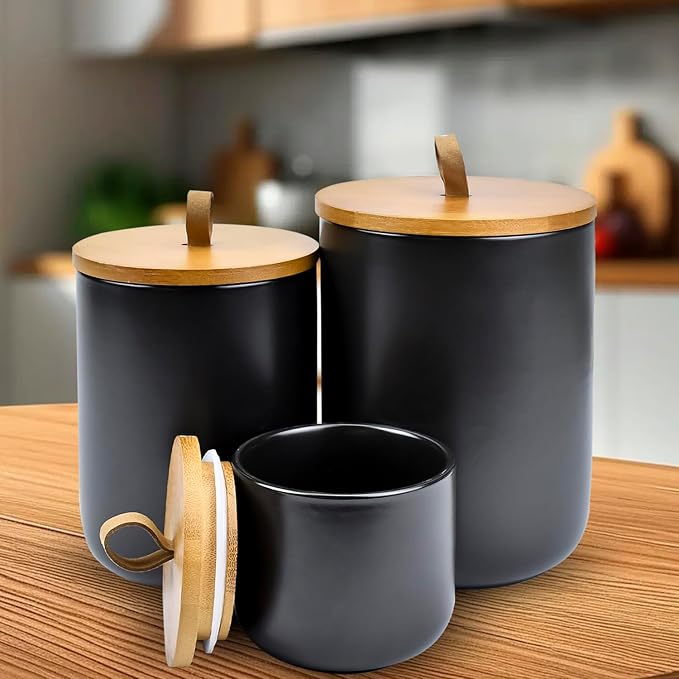Set of 3 Airtight Ceramic Kitchen Canisters with Bamboo Lids, Food Storage Jars for Flour, Sugar, Coffee, Tea Pantry Organization, Dishwasher Safe