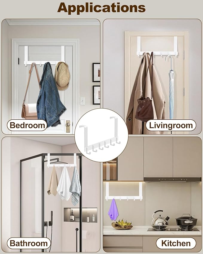 2 Pack Over The Door Hooks, Sturdy Door Hanger, Large Over The Door Towel Rack with 6 Hooks, Heavy Duty Easy to Install, for Bathroom, Bedroom,Kitchen,Hanging Towels, Coats (White).