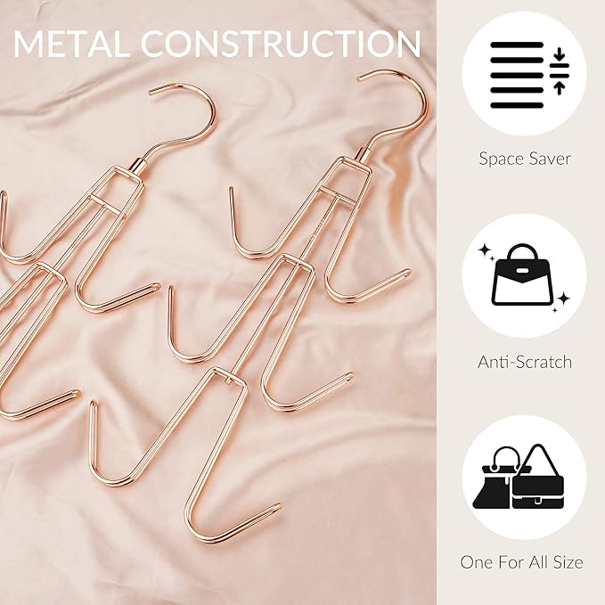 ZEDODIER Purse Hanger Organizer for Closet, Hanging Bag Holder, Keeping Purses Visible and in Good Condition, Metal Handbag Storage Hook Backpack Rack Space Saving Hanger, Rose Gold