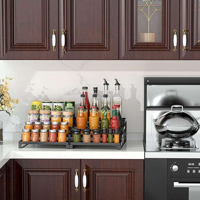 4-Tier Spice Rack Organizer Spice Shelf, Sturdy Seasoning Organizer Spice Storage Metal Riser Shelf, Pantry Kitchen Spice Holder Stand Step Rack Easy See all Canned Spice Jars, Black