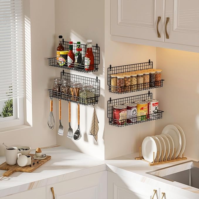 X-cosrack Spice Rack Organizer Wall Mounted 4-Tier Stackable Hanging Spice Storage Racks,Great for Kitchen and Pantry Storing Spices, Large with 5 Hooks, Up to Storage 80 Jars(Patent No.:D909138S)