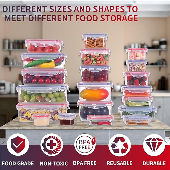 40-Piece Reusable Food Storage Containers with Lids Airtight, 100% Leakproof Plastic Meal Prep Storage Food Grade Kitchen Organizer, Stackable Freezer Containers, Microwave & Dishwasher Safe
