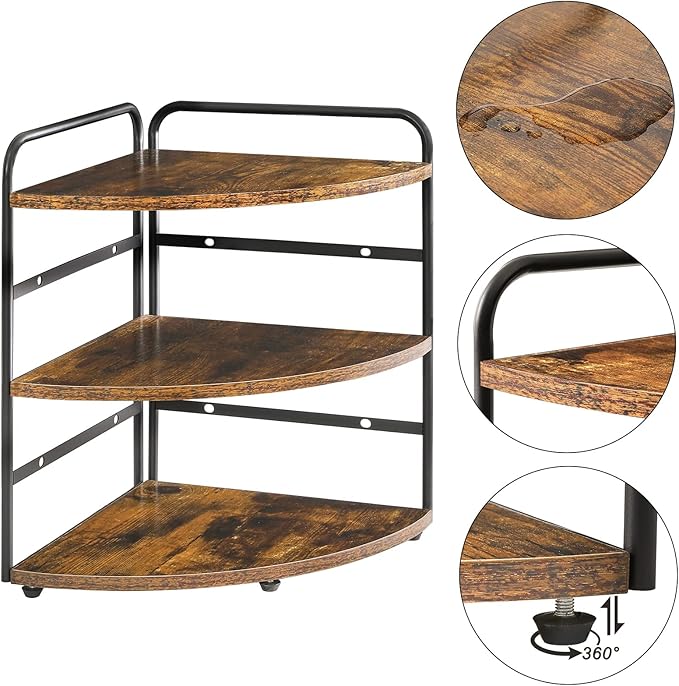IBUYKE Corner Shelf, Kitchen Counter Organizer, Spice Rack, Bathroom Vanity Trays, 3-Tier Bedside Shelf for Small Spaces,Cosmetic Storage Perfume Holder, Adjustable Height, Rustic Brown, TWJ002H