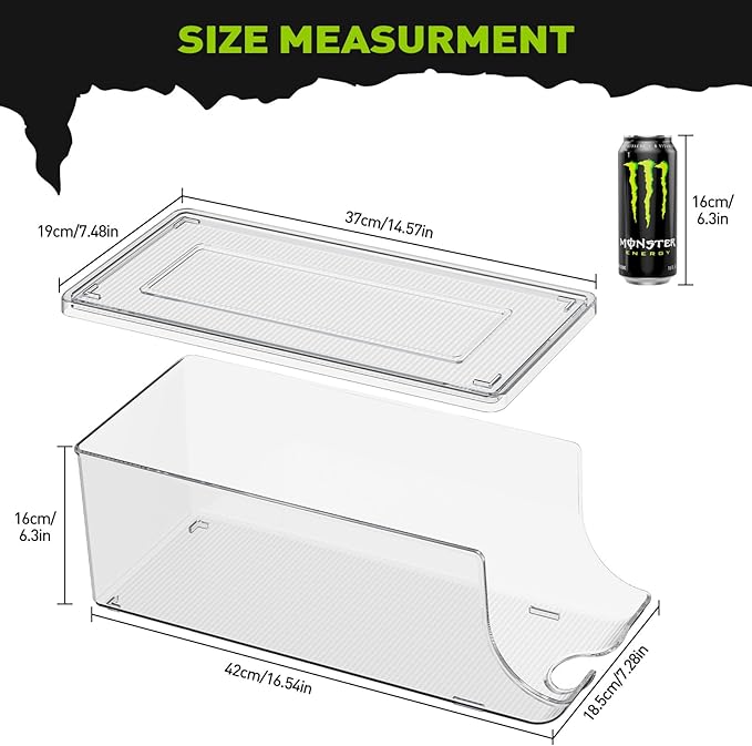 2 Pack Tall Skinny Can Organizer for Refrigerator, Stackable Large Soda Cans of 16oz & 17oz Beverage Energy Drink Container Holder Dispenser with Lid for Fridge, Clear Storage Plastic Bins