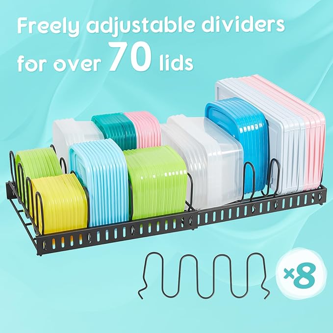 Expandable Food Container Lid Organizer,Large Capacity Adjustable 8 Dividers Detachable Lid Organizer Rack for Cabinets, Cupboards, Pantry Shelves, Drawers Keep Kitchen Tidy,Black 10.2”wide,3.6 Pound.