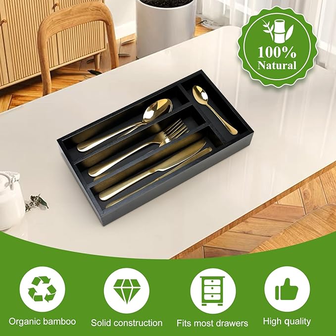 Small Silverware Organizer for Drawer Bamboo Kitchen Utensil Tray Narrow Cutlery Drawer Organizer Flatware Caddy Wooden Utensil Drawers Spoon Fork Holder Black Skinny Silverware Trays Organizers
