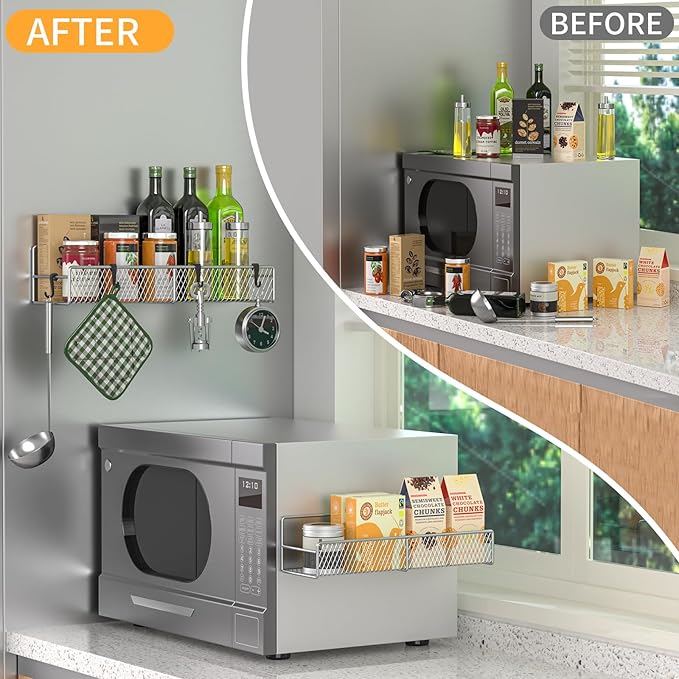 Magnetic Spice Rack for Refrigerator, 2 Pack Metal Magnetic Shelf Grey, Moveable Spice Organizer with Hooks, Super Magnetic Fridge Shelf for Kitchen Organization and Storage