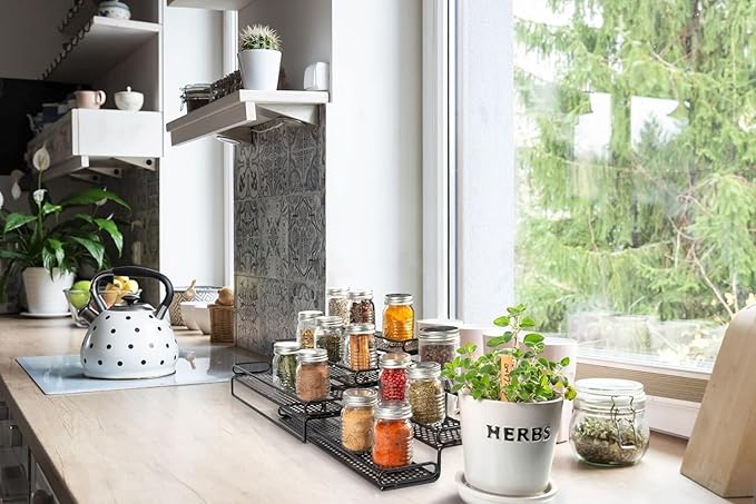 3 Tiered Spice Rack - Spice Racks for Inside Cabinets - Expandable Spice Rack Countertop Kitchen Pantry - Metal Tier Seasoning Organizer Step Storage with Protective Railing (Black)
