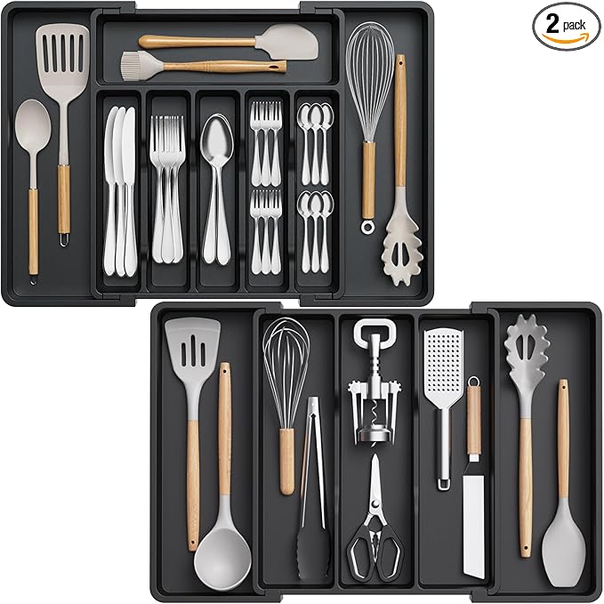 Lifewit Silverware Drawer Organizer and Utensil Organizer Set, Expandable Cooking Cutlery Tray for Kitchen, Adjustable Plastic Flatware Holder Storage Divider for Spoons Forks Knives, Large, Black