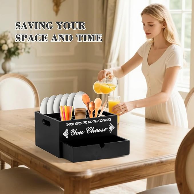 Wooden Paper Plate Dispenser with Drawer, Rustic Kitchen Utensil Caddy & Silverware Organizer for Cups, Spoons, Forks, Plates & Napkins, Kitchen Utensil Holder for Party