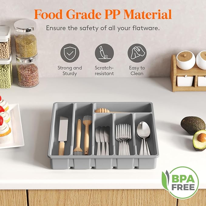 Lifewit Silverware Drawer Organizer Tray, Plastic Cutlery Storage for Kitchen Drawer, Flatware and Utensil Holder Divider for Spoons Forks Knives Tableware, 6 Compartment, Gray