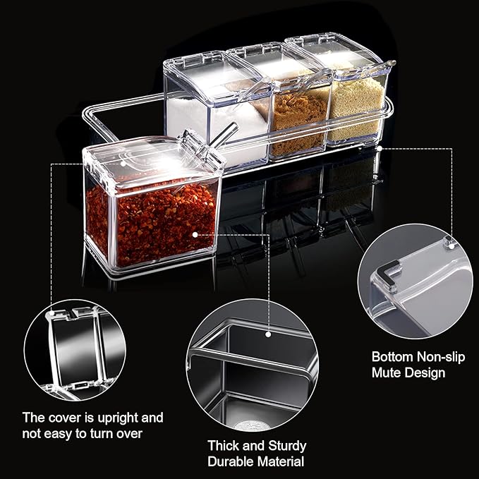 ZGWJ Acrylic Kitchen Spice Pots, 4 Piece Clear Seasoning Box Set, Storage Container Condiment Jars for Spice Salt Sugar Cruet, Seasoning Rack Spice Pots with Cover and Spoon