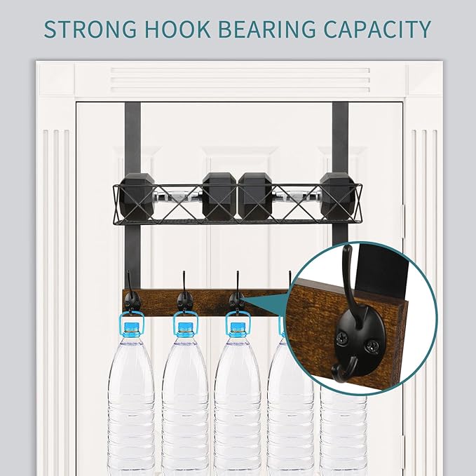 YINMIT Over The Door Hooks Organizer with Basket, Over The Door Towel Rack with 5 Metal Hooks, Door Hangers for Clothing, Over Door Hanger for Bathroom, Bedroom, Kitchen