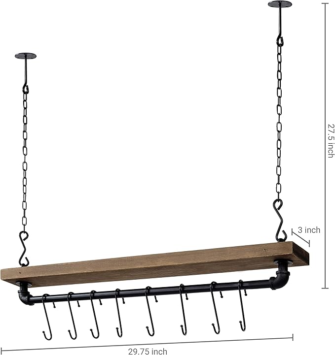 MyGift 30 Inch Ceiling or Wall Mounted Pot Rack with Rustic Brown Solid Wood Shelf and Industrial Matte Black Metal Pipe, Hanging Cookware Utensils Organizer with 8 S-Hooks