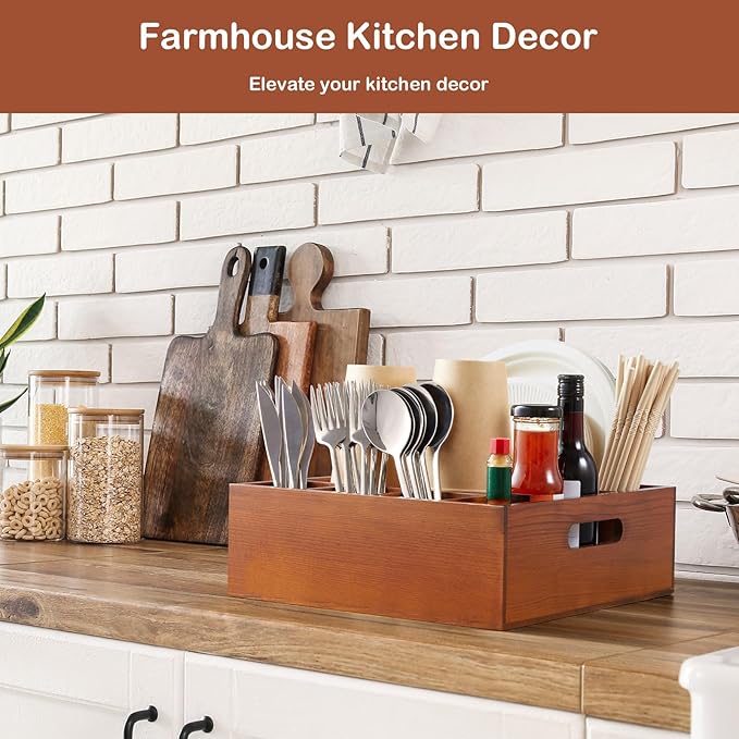 Brown Utensil Holder for Party - Wood Paper Plate Organizer for Countertop - Silverware Caddy with 6 Compartments for Plate Cup Fork Spoon - Cutlery Holder for Kitchen Camping Buffet