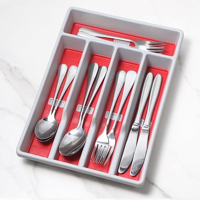 Silverware Organizer with Cutlery Icons,Silverware Tray for Kitchen Drawer,Flatware Tableware Cultery Drawer Organizer Utensil Organizer with Non-slip TPR Linings,Kitchen Organization Essentials