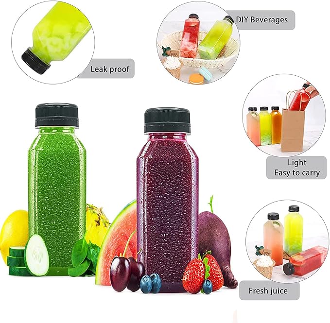 10 OZ Plastic Juice Bottles, Reusable Bulk Beverage Containers, for Juice, Milk and Other Beverages, 4 Pcs.