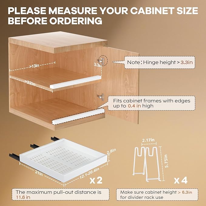 2 Pack Pull out Cabinet Organizer 21"Deep With Raising Pad for Framed Cabinets, Expandable Slide out Drawers for Kitchen Cabinets with 4pcs Divider Racks, Roll out Shelves 12.1"-20.4" W White