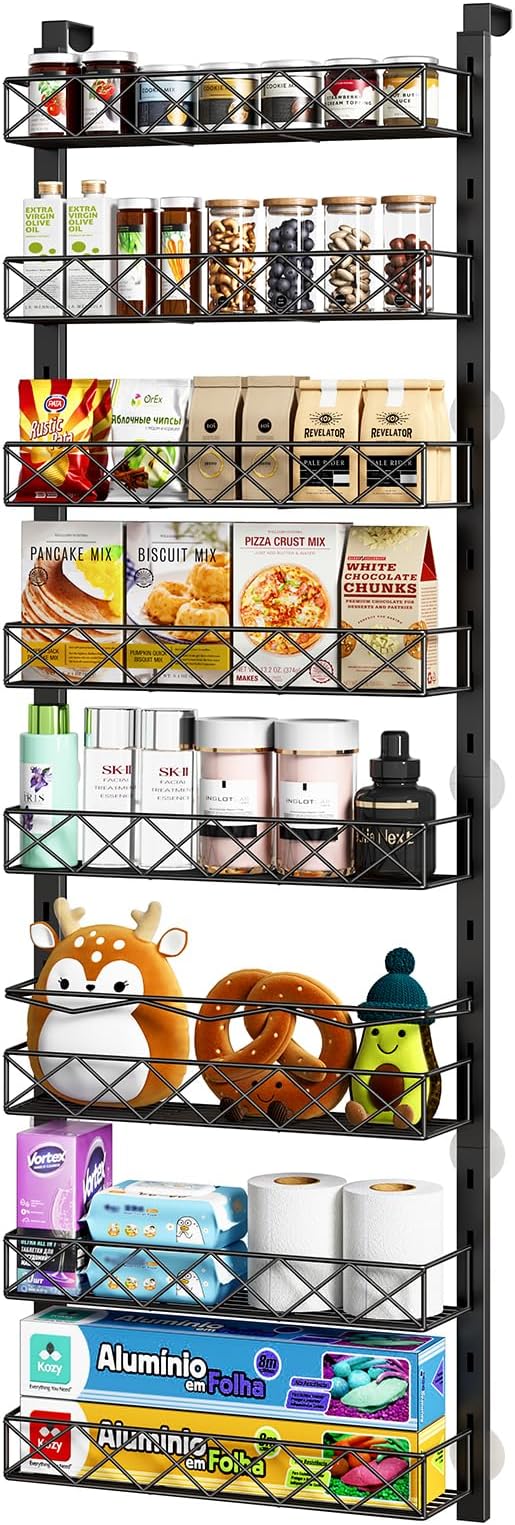 Over the Door Organizer, Black 8-Tier Pantry Door Organizer with Adjustable Basket, Hanging Spice Rack Cabinet Door Shelves, Laundry Room Organization and Storage