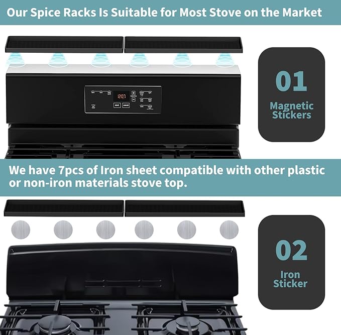 BFONS 30" Magnetic Stove Top Shelf Spice Rack Storage, Silicone Top Heat Material Stove Rack Seasoning Organizer Kitchen Gadgets Kitchen Organization(Black)