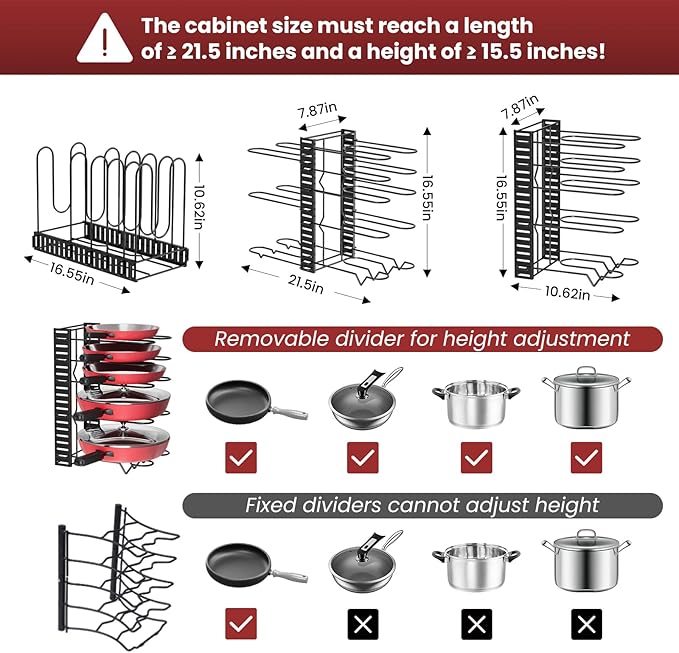 Podxco Pot and Pan Organizer for Under Cabinet, 8 Tiers Adjustable Pan Organizers Inside Cabinet with 3 DIY Methods, Upgrade of Pan Organizer Balance Ability, Kitchen Pan Rack Organizer for Cabinet