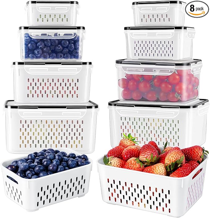 8 PCS Fruit Storage Containers for Fridge with Removable Colander, Airtight Food Storage Container, Dishwasher Safe Produce Saver Container for Refrigerator, Keep Berry Fruit Vegetable Fresh Longer…