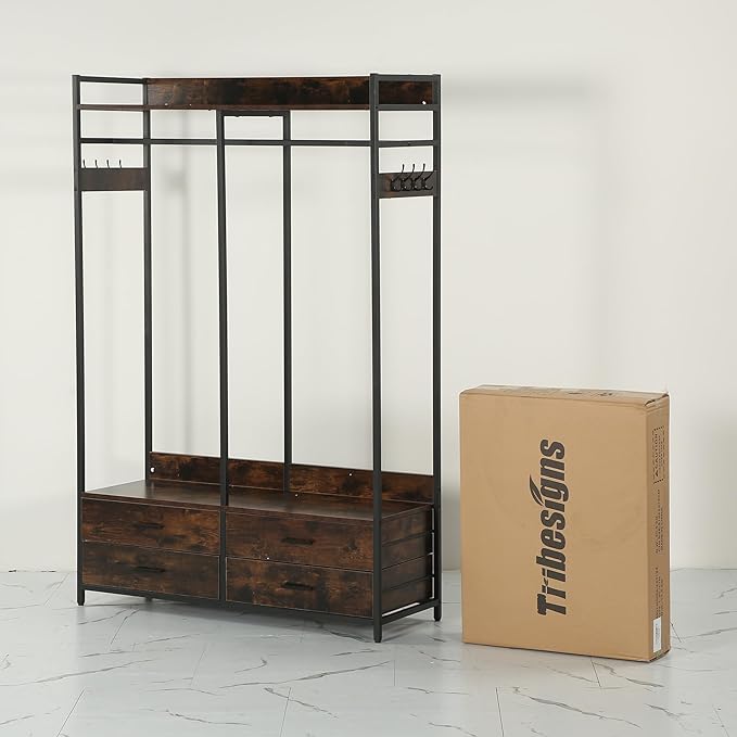 Tribesigns Freestanding Closet Organizer for Hanging Clothes, Heavy Duty Garment Rack with 4 Drawers, 8 Hooks and Storage Shelves, Wardrobe Closet Clothing Rack for Bedroom, Living Room, Rustic Brown
