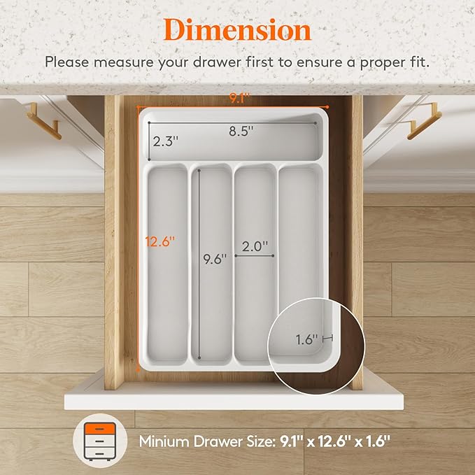 Lifewit Silverware Drawer Organizer Tray, Plastic Cutlery Storage for Kitchen Drawer, Flatware and Utensil Holder Divider for Spoons Forks Knives Tableware, 5 Compartment, White