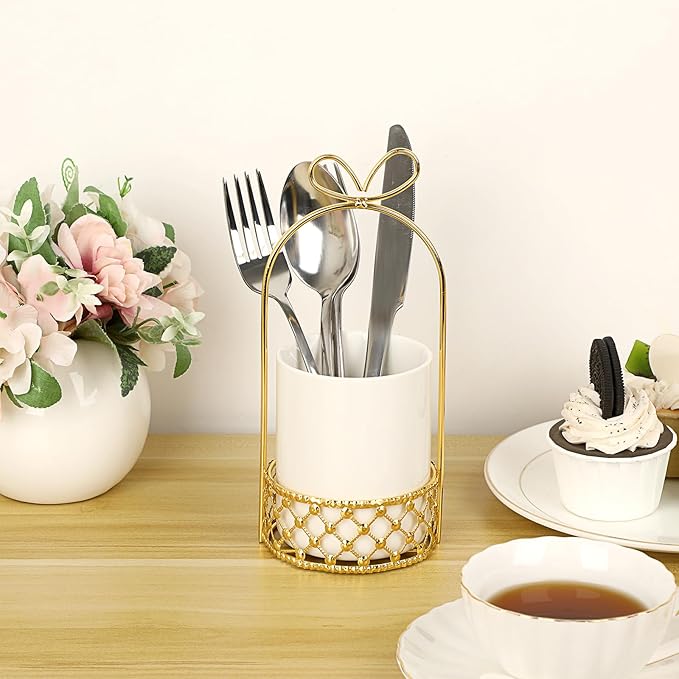JUXYES Ceramic Silverware Holder For Tabletop, White Cutlery Holder With Golden Metal Bracket, Decorative Flatware Holder Countertop Utensil Holder Organizer for Wedding Kitchen Dining Tables