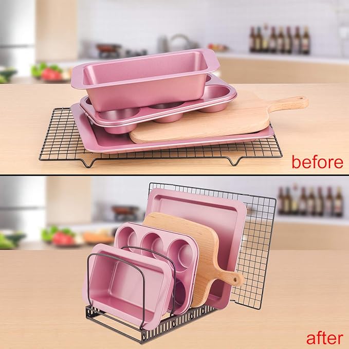 Toplife 10+ Bakeware Organizer Rack for Kitchen Bakeware, Cookware, Dinnerware, Cutting Boards, Plates, Pot and Pan Lids (Brown)