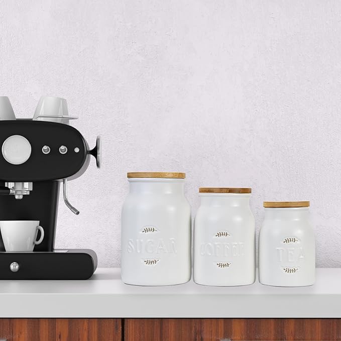 Canister Sets for Kitchen Counter, Ceramic Kitchen Canister with Airtight Bamboo Lids, Modern Farmhouse Coffee Tea Sugar Storage Jar for Countertop Decor, Set of 3, White