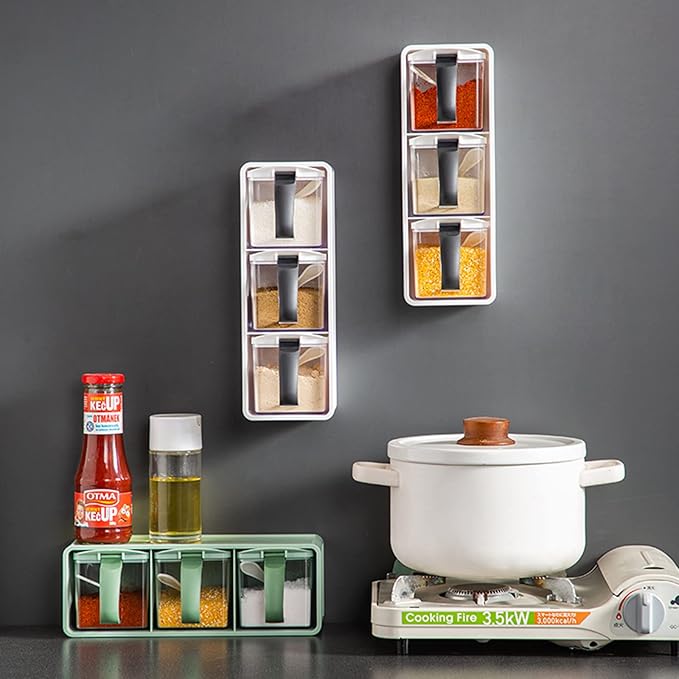 3-Grids Seasoning Box with Tray, Salt Container, Hanging Wall Spice Rack, Kitchen Spice Pot with Spoon, Salt Pepper Sugar Storage Container Jar Cruet for Counter, White