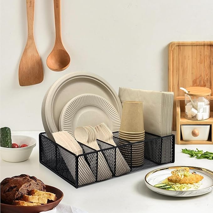 Metal Paper Plate Holder - Utensil Silverware Caddy for Kitchen Counter Cabinet Cutlery Flatware Organizer Storage Dispenser Box for Plastic Spoon Fork Plates Napkins Cup Party Camping Black