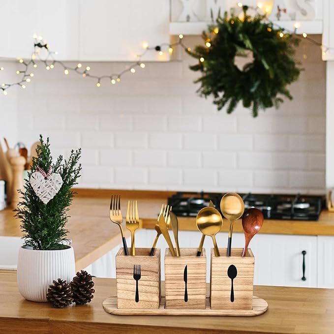 Kathfly 4 Pcs Silverware Caddy Utensil Holder for Countertop Silverware Organizer with Wood Tray Spoon Fork Holder 3. 15 x 3. 15 x 4. 53 Inches of Each Organizer for Kitchen Parties(Brown)