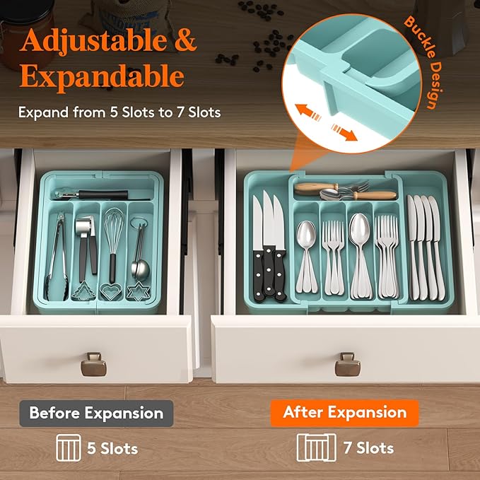 Lifewit Silverware Drawer Organizer, Expandable BPA Free Utensil Tray for Kitchen, Adjustable Flatware and Cutlery Holder for Spoons Forks Knives, Plastic Kitchen Organizers and Storage, Turquoise