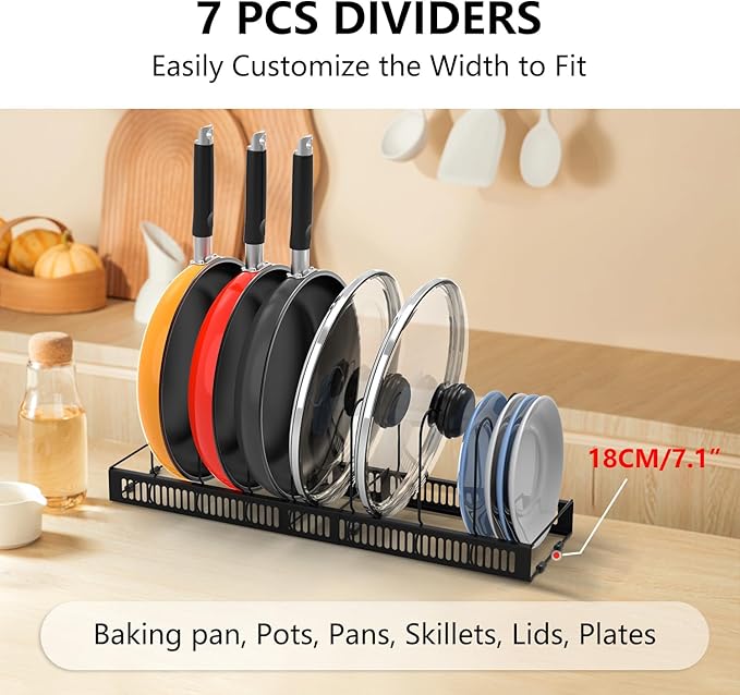 Pot Rack Expandable Pan Organizer for Cabinet, Lid Holder with 10 Adjustable Compartment for Kitchen Cabinet Cookware Baking Frying Rack