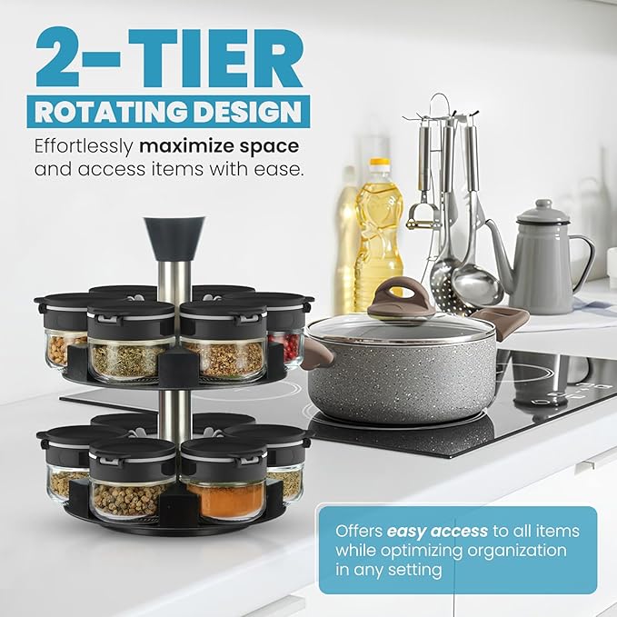 Black Rotating Spice Rack With Jars, Spinning Spice Rack For Countertop - Revolving Tower Organizer for Kitchen Seasonings - Kitchen Carousel Storage, Stainless Steel, 12 Jars