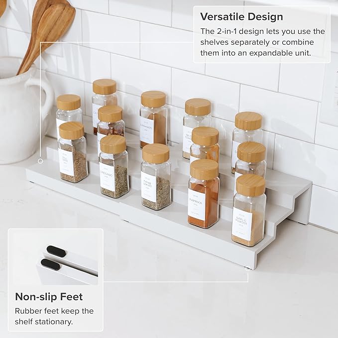 Expandable Spice Rack Organizer for Cabinet, 3-Tier Shelf for Spice Organization (11” to 22”), Fits 36 Spice Jars, Seasoning and Pantry Storage, Non-Slip Feet, 100% Bamboo, White Finish