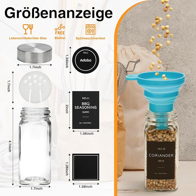 6 Pcs Glass Spice Jars with Lids, 4oz spice jars with label, seasoning containers Set, Comes with spice bottle caps, Silicone Collapsible Funnel,chalk, for Spice Rack, Cabinet, Drawer