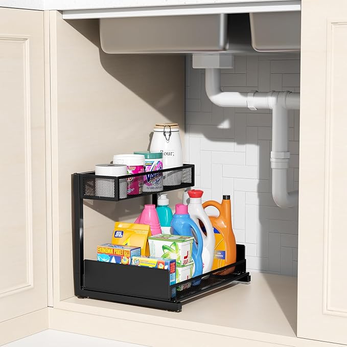 2 Pack Under Sink Organizer and Storage, 2 Tier Pull Out Cabinet Organizer, Slide Out Under Sink Storage Shelf, Undersink Organizers Shelves for Kitchen Bathroom Pantry Organization (Black)