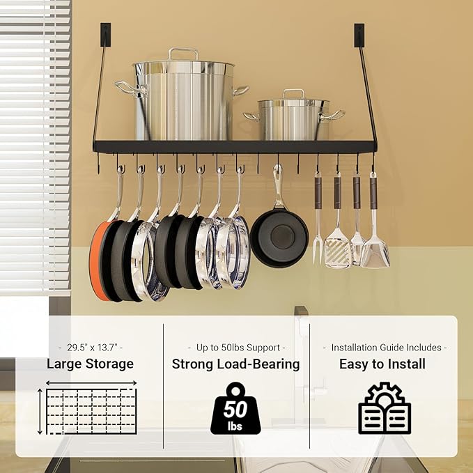 Square Grid Wall Mount Pot Rack Storage Shelf with 10 Hooks, Kitchen Cookware Hanging Organizer, Black, KPR300A-BK