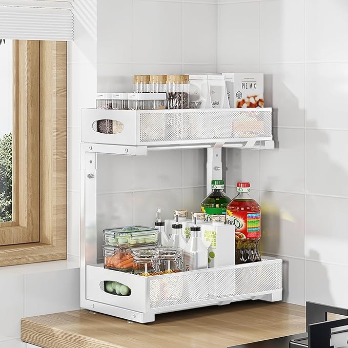 IUI 2 Tier Metal Pull Out Cabinet Organizer,Rust Proof Under Sink Organizer with Sliding Drawers, Multi-Use Under Cabinet Shelves Organizers for Kitchen Bathroom Cabinet Desk Etc,White