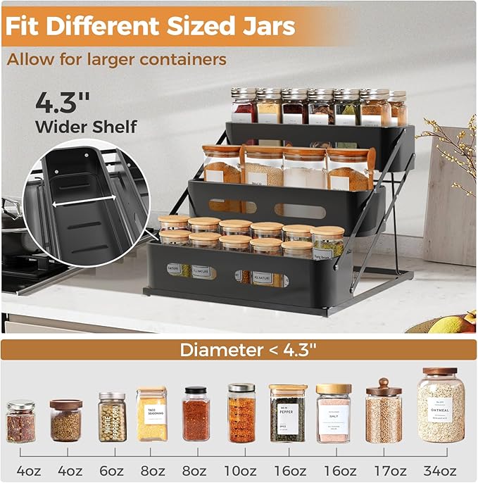 Airpro Spice Rack, 3 Tier Spice Rack Organizer for Cabinet, Seasoning Organizer for Countertop, Kitchen, Pantry, Cupboard, Sturdy Spice Organizer with Protection Railing, No Installation, Black