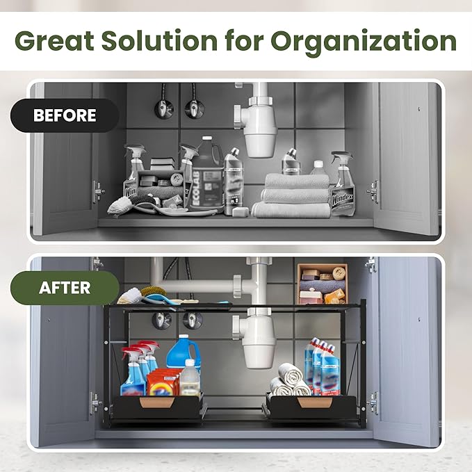 Expandable Kitchen Under Sink Organizers and Storage - Rustproof Bathroom Organizers and Storage - 2 Tier Sliding Basket Drawers, Adjustable Width & Height Bathroom Cabinet Organizer