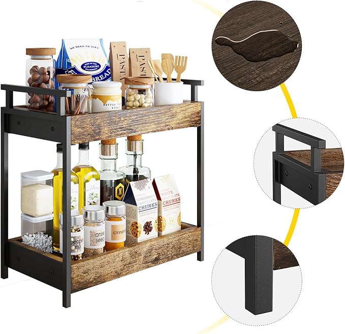 KLM Countertop Coffee Station Organizer, 2 Tier Wooden Shelf for Coffee Bar Accessories, Condiment Storage Caddy for Kitchen, Bathroom Counter Organizer, Home, Office - Brown