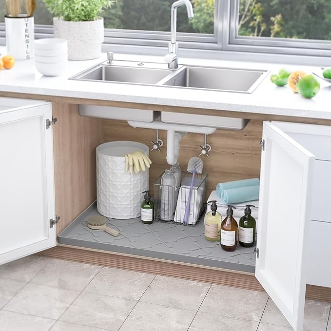 SIKADEER 19" x 19" Under Sink Mat Waterproof, Silicone Mat Kitchen Drawer Shelf and Cabinet Liner, Sink Protector for Kitchen Organizers and Storage, Boot Tray Pet Food Mats