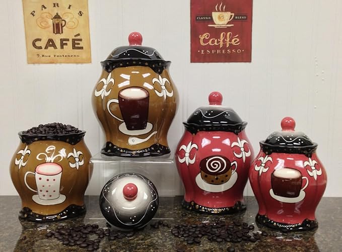 Tuscany Colorful Ceramic Coffee Bean Collection 4PC Canister Set with Lid, Kitchen Storage Jar, Food Storage Container, Airtight Storage Container With Rubber Seal for Coffee, Tea, Sugar, Flour