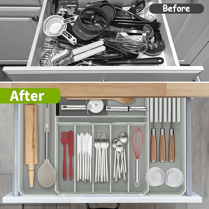 Silverware Drawer Organizer, Expandable Kitchen Utensil Organizer, Larger Capacity Flatware and Cutlery Tray, Multi-Purpose Drawer Storage for Kitchen, Dressing Table, Office, Bathroom, (Grey)